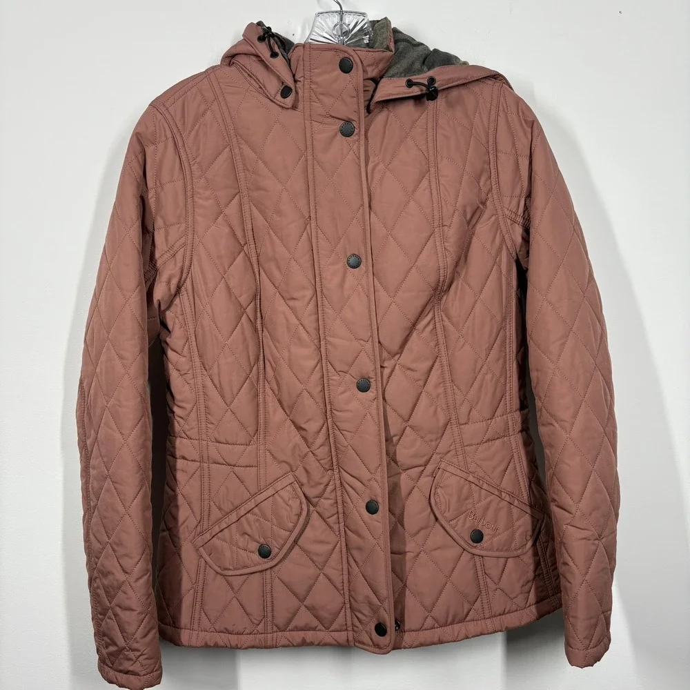 Barbour Womens Millfire Quilted Jacket Size 6 Pink Tartan Zip Up Hooded Winter - Picture 1 of 14